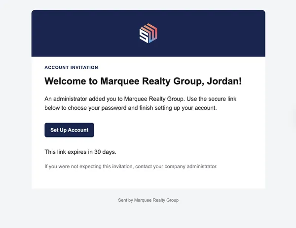 Account invitation email: Welcome to Marquee Realty Group, Jordan, with a Set Up Account button