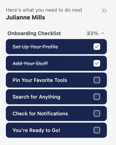 Onboarding checklist on the agent dashboard, 33 percent complete